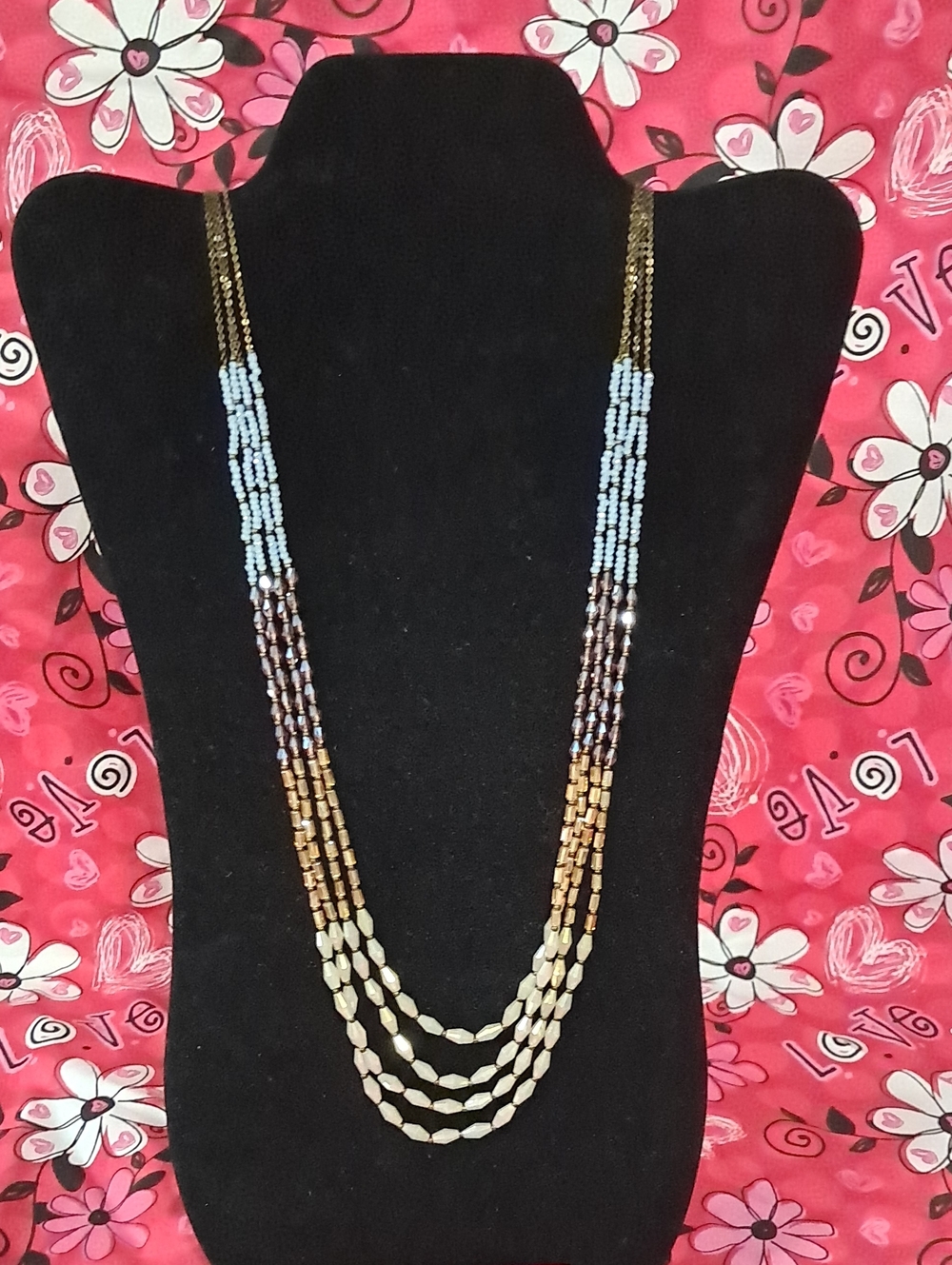 Premier Designs Multi-Strand Beaded Necklace in Light Blue Gold and Cream Colors
